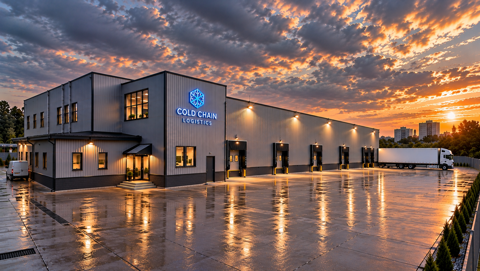Cold Chain Logistics facility at sunset with five loading docks